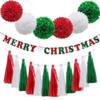 Meilun Merry Christmas Banner Paper Flowers Pom Poms Balls Hanging Tassel Party Garland Set for Christmas Party Decoration